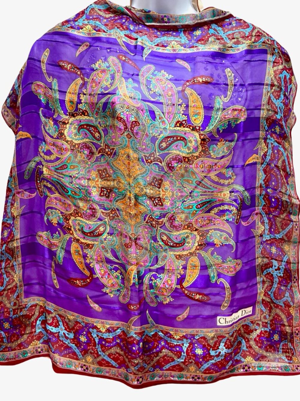 Christian Dior Soft 00% Silk Scarf Chiffon & Satin PurplePaisley Floral 31"(21 - Picture 2 of 14